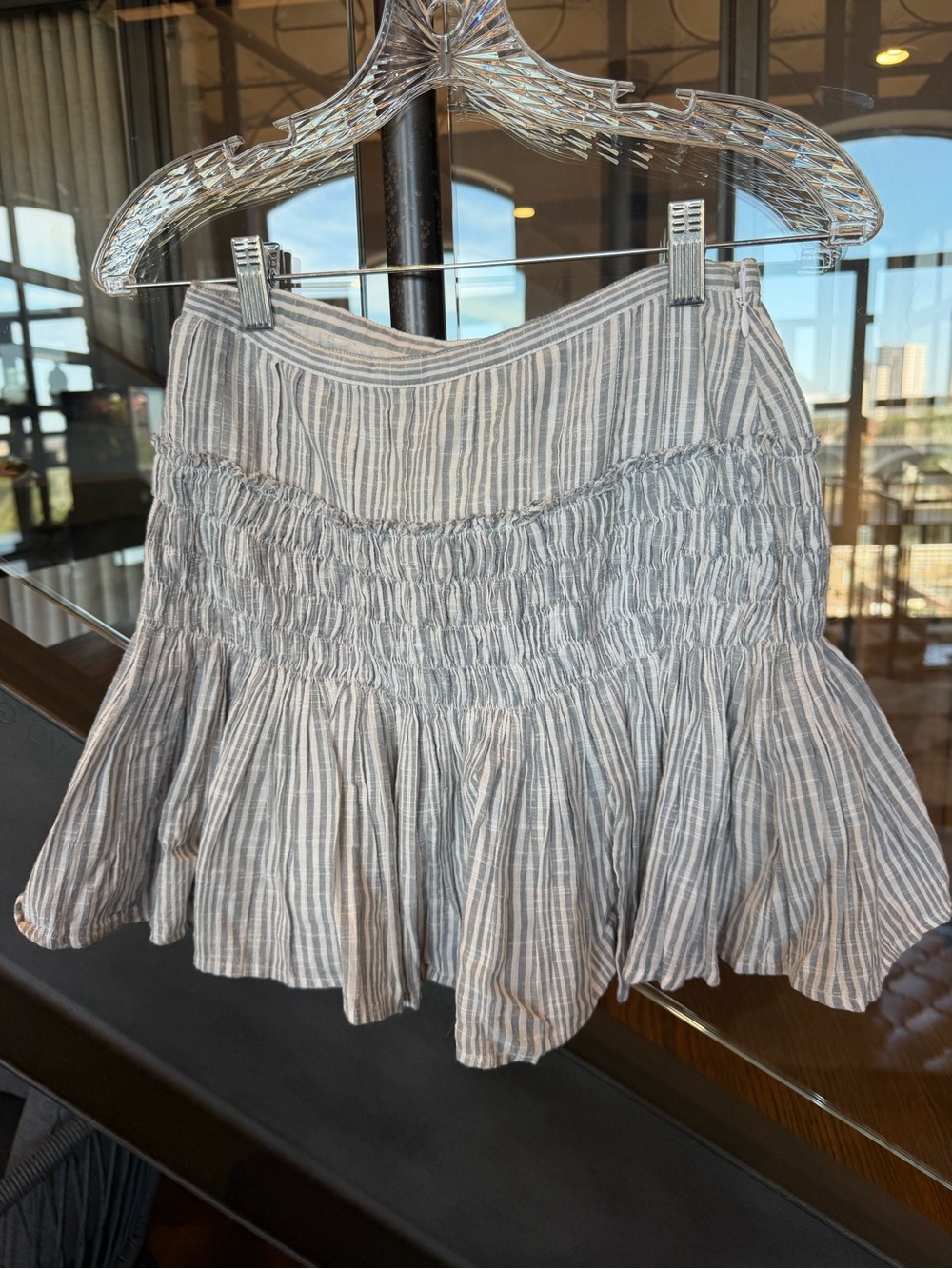 LoveShackFancy Blue and White Striped Smocked Ruffle Mini Skirt